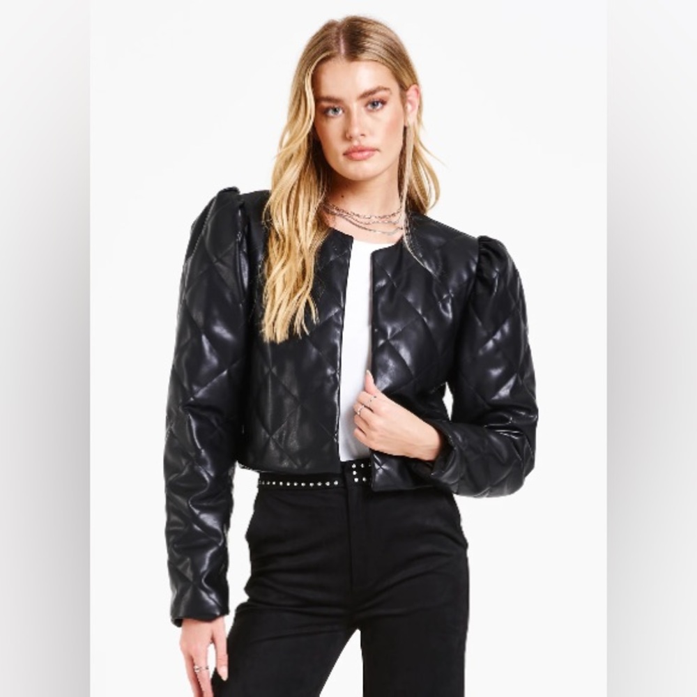 Dear John Faux Leather OLYMPIA QUILTED CROPPED JACKET BLACK